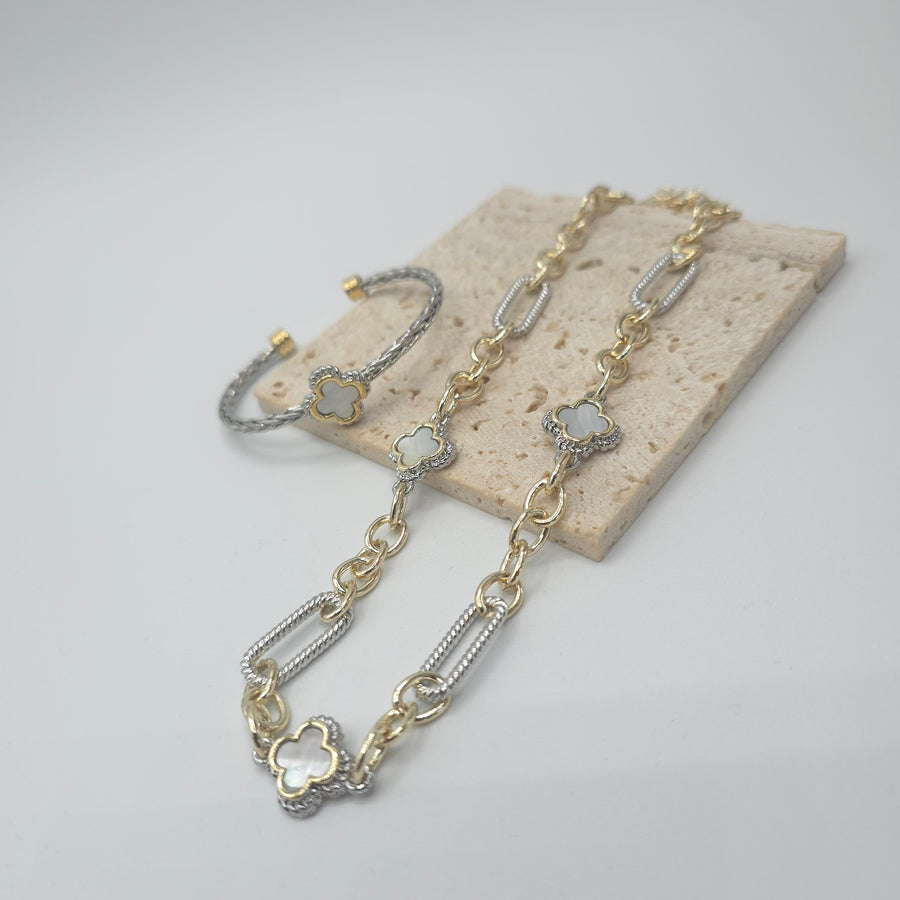Madre Perla Clover Necklace, Bangle and Earrings