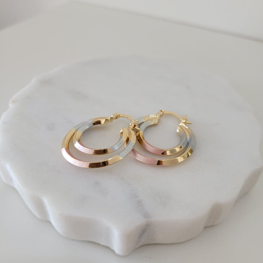 Double Layer Three Tone Earrings Hoops