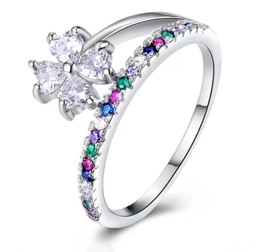 Flower Crystals Silver Ring